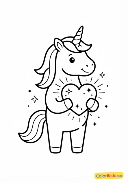 Coloriage à imprimer : licorne tenant un coeur étincelant