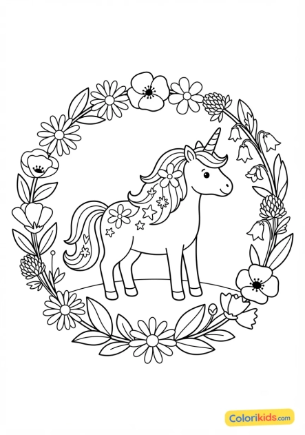 Coloriage à imprimer : licorne dans un cercle de fleurs sauvages