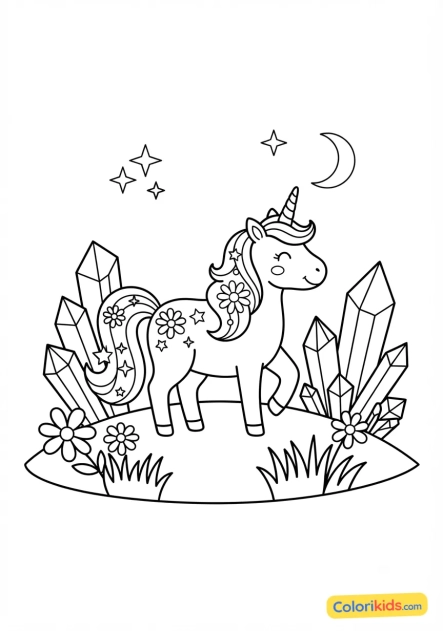 Coloriage à imprimer : licorne dans un jardin de cristaux