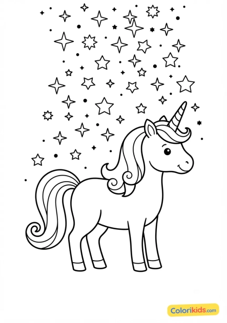 Coloriage à imprimer : licorne sous une pluie d'étoiles