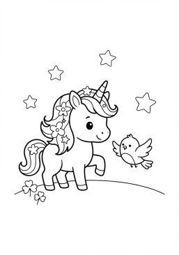 Coloriage Bébé licorne jouant avec un oiseau