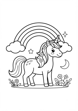 Coloriage Licorne magique sous un arc-en-ciel