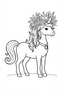 Coloriage Licorne royale et couronne de fleurs
