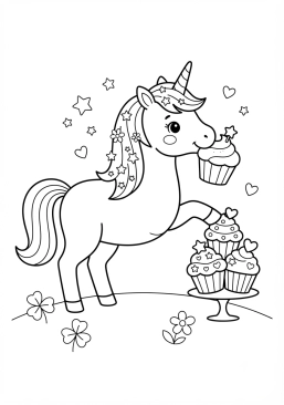 Coloriage Licorne gourmande et cupcakes magiques