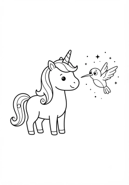 Coloriage Licorne et colibri curieux