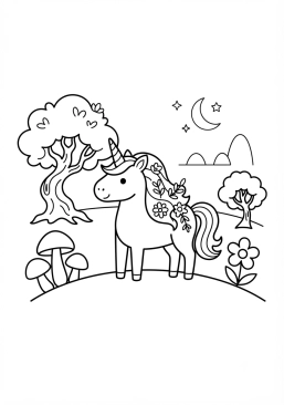 Coloriage Licorne et forêt enchantée