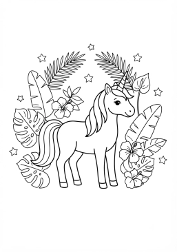 Coloriage Licorne et feuillage tropical enchanté