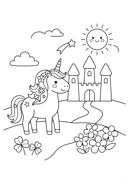 Coloriage Licorne et château féerique en arrière-plan