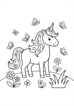 Coloriage Licorne et papillons voltigeurs
