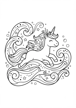 Coloriage Licorne et vagues de l'océan magique