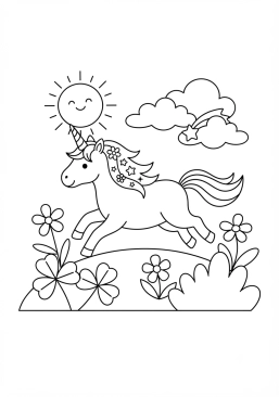 Coloriage Licorne galopant dans une prairie enchantée