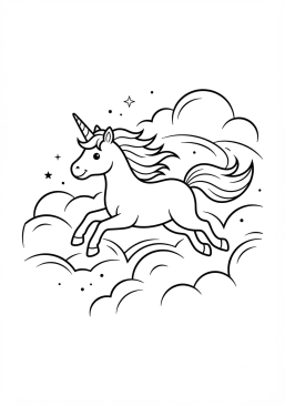 Coloriage Licorne au galop dans les nuages
