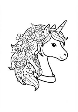 Coloriage Tête de licorne et crinière fleurie