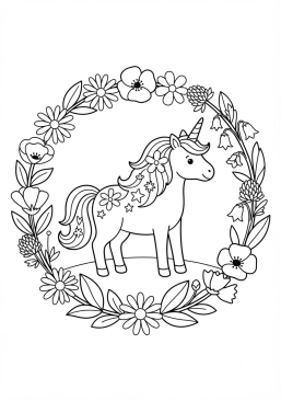Coloriage Licorne dans un cercle de fleurs sauvages