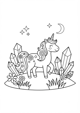 Coloriage Licorne dans un jardin de cristaux
