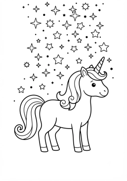 Coloriage Licorne sous une pluie d'étoiles
