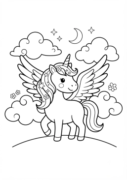 Coloriage Licorne ailée et nuages duveteux