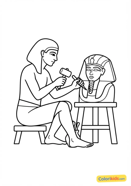 Coloriage à imprimer : artisan sculpteur façonnant avec précision les contours d'un masque funéraire en or