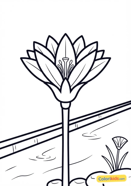 Coloriage à imprimer : fleur de lotus bleue éclose au bord d'un canal d'irrigation alimenté par les crues