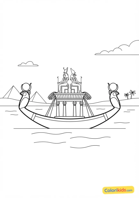 Coloriage à imprimer : barque solaire en bois sculpté et doré naviguant sur les eaux calmes du Nil