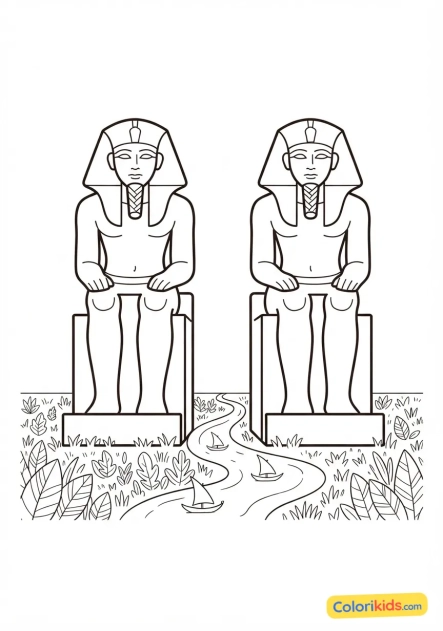 Coloriage à imprimer : colossaux colons de Memnon dressés dans la plaine verdoyante au bord du fleuve