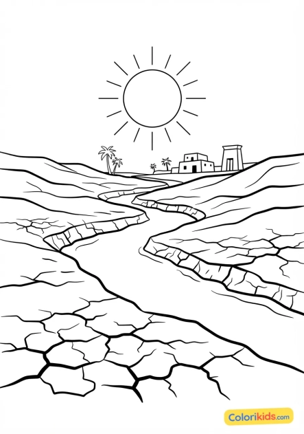 Coloriage à imprimer : canaux d'irrigation asséchés sous un soleil de plomb dans la Haute-Égypte