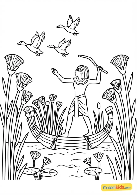 Coloriage à imprimer : chasse au canard dans les marais du delta sur un petit bateau de papyrus