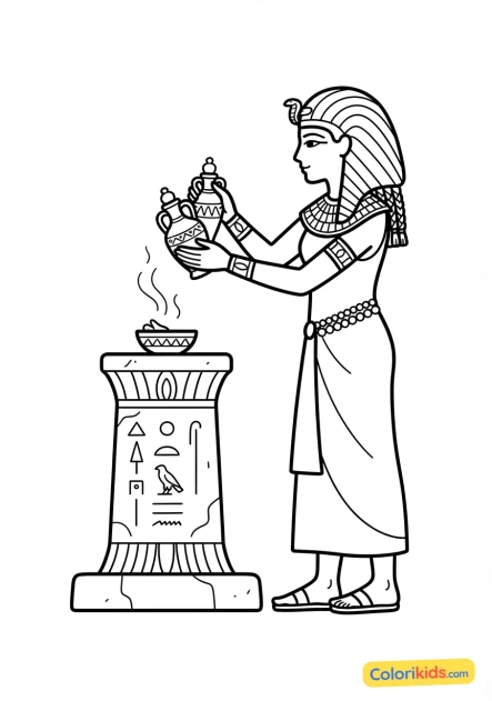 Coloriage à imprimer : prêtresse égyptienne offrant des vases de parfums précieux sur un autel en pierre