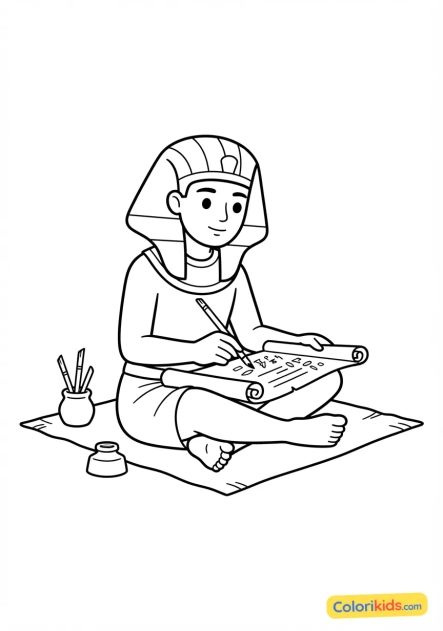 Coloriage à imprimer : scribe égyptien assis en tailleur rédigeant un décret sur un papyrus avec un calame
