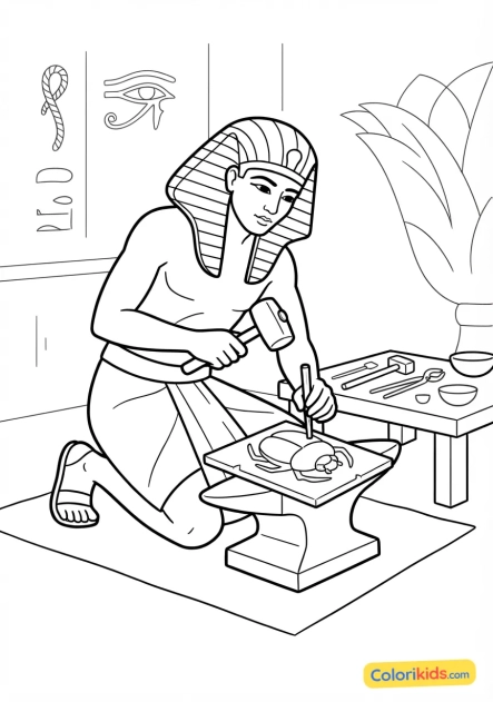 Coloriage à imprimer : orfèvre martelant une plaque d'or massif pour créer un pendentif en forme de scarabée