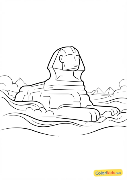 Coloriage à imprimer : grand sphinx de Gizeh émergeant des brumes matinales du désert saharien