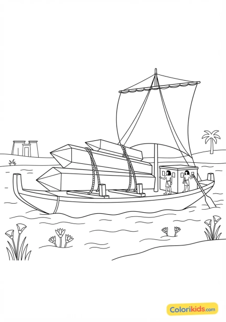 Coloriage à imprimer : bateau de transport lourd chargé d'obélisques naviguant sur le fleuve majestueux