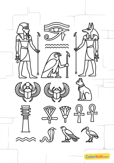 Coloriage à imprimer : hiéroglyphes finement gravés et peints sur les murs de grès d'un temple de Karnak