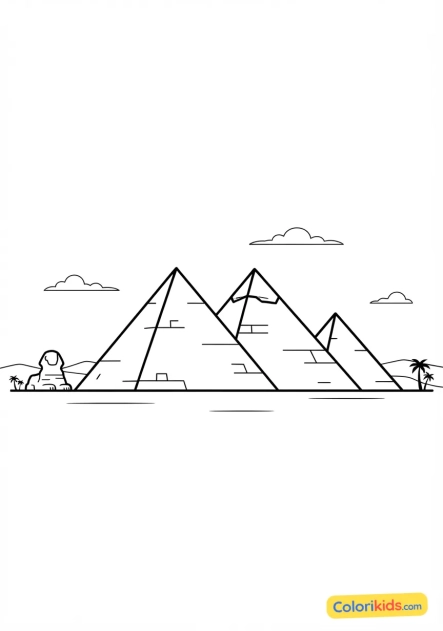Coloriage à imprimer : majestueuses pyramides de Gizeh se dressant sous un ciel doré au coucher du soleil