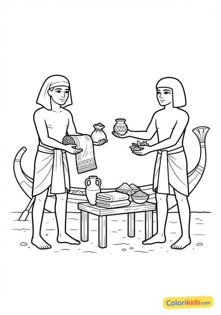Coloriage à imprimer : marchands troquant des épices, des étoffes de lin et des poteries au port de Thèbes