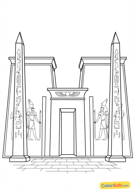 Coloriage à imprimer : porte monumentale d'un pylône de temple flanquée de grands obélisques sculptés