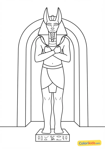 Coloriage à imprimer : statue monumentale d'Anubis veillant silencieusement à l'entrée d'une chambre funéraire