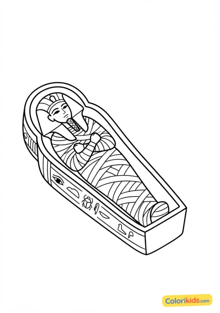 Coloriage à imprimer : momie délicatement enveloppée de bandelettes de lin blanc dans son sarcophage peint