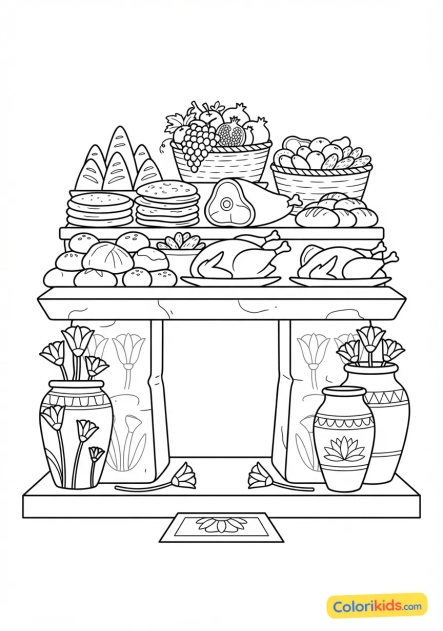 Coloriage à imprimer : table d'offrandes richement garnie de pains, de fruits et de viandes pour les dieux