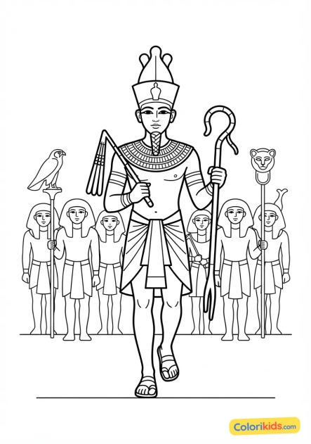 Coloriage à imprimer : pharaon coiffé du pschेंट portant le grand sceptre et le fouet lors d'une procession