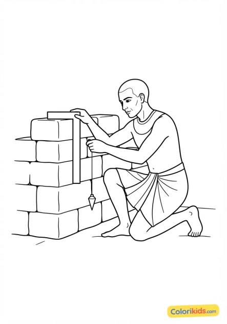 Coloriage à imprimer : bâtisseur royal vérifiant l'alignement d'un mur avec une équerre de bois ancienne