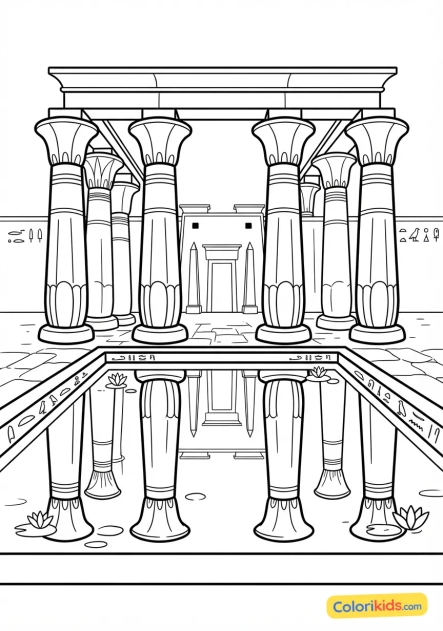 Coloriage à imprimer : bassin d'eau sacrée reflétant les colonnes papyriformes d'un temple thébain