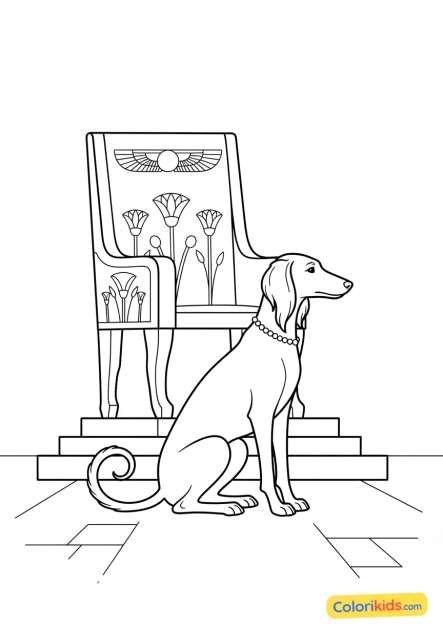 Coloriage à imprimer : chien de chasse au lévrier (Saluki) patientant sagement au pied d'un trône royal