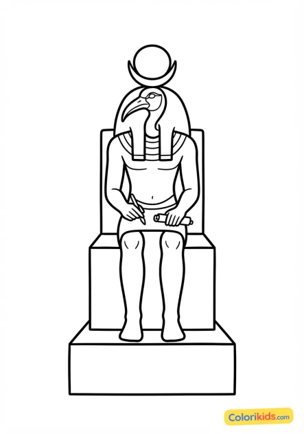 Coloriage à imprimer : statue assise du dieu scribe Thot représenté avec une tête d'ibis sur son socle