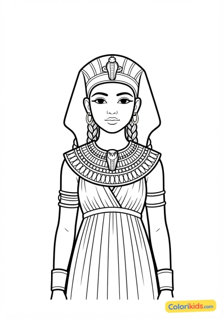 Coloriage à imprimer : jeune noble égyptienne parée de bijoux en or et d'un collier grand usikh polychrome