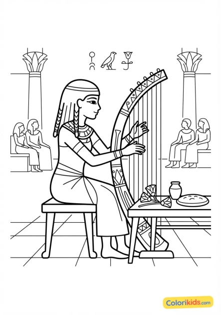 Coloriage à imprimer : jeune musicienne jouant de la harpe arquée lors d'un banquet de la cour pharaonique