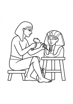 Voir le coloriage Artisan sculpteur façonnant avec précision les contours d'un masque funéraire en or