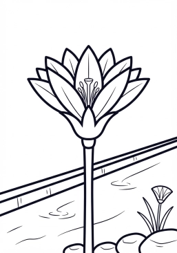 Voir le coloriage Fleur de lotus bleue éclose au bord d'un canal d'irrigation alimenté par les crues