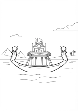 Voir le coloriage Barque solaire en bois sculpté et doré naviguant sur les eaux calmes du Nil