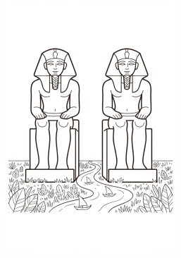 Voir le coloriage Colossaux colons de Memnon dressés dans la plaine verdoyante au bord du fleuve